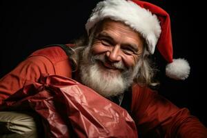 ai gerado fechar acima em uma alegre maduro homem dentro tradicional santa terno segurando uma saco estourando com festivo presentes, Natal cenário foto