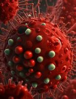 ai gerado vermelho vírus célula, cobiçado 19, microscópico foto