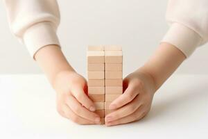 ai gerado pequeno criança jogando de madeira brinquedos isolado em branco fundo. foto