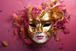 ai gerado dourado carnaval mascarar em uma Rosa fundo ai generativo foto