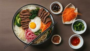 ai gerado bibimbap, tradicional coreano prato, arroz com legumes e carne bovina. topo visualizar, a sobrecarga, plano deitar foto