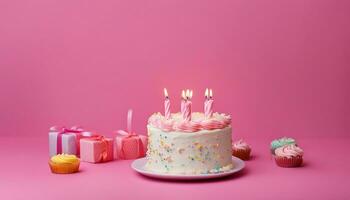 ai gerado aniversário bolo com velas em Rosa mesa foto