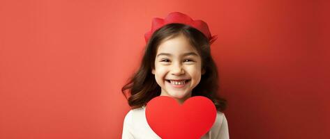 ai gerado retrato do uma fofa pequeno menina com vermelho coração em dia dos namorados dia conceito. foto