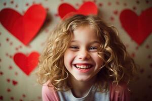 ai gerado retrato do uma fofa pequeno menina com vermelho coração em dia dos namorados dia conceito. foto