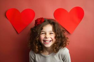 ai gerado retrato do uma fofa pequeno menina com vermelho coração em dia dos namorados dia conceito. foto