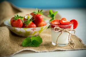 doce caseiro iogurte com morango geléia e fresco morangos dentro uma vidro copo foto