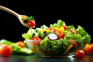 ai gerado saudável Comida fresco vegetal salada e garfo. generativo ai. foto