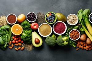 saudável Comida limpar \ limpo comendo seleção fruta, vegetal, sementes, superalimento, cereal, folha vegetal em cinzento concreto foto