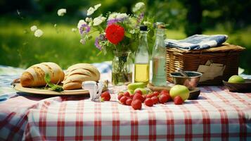 ai gerado encontro toalha de mesa piquenique Comida foto