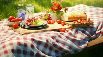 ai gerado verão toalha de mesa piquenique Comida foto