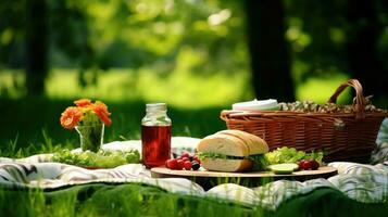 ai gerado cobertor Relva piquenique Comida foto