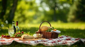 ai gerado cesta Relva piquenique Comida foto