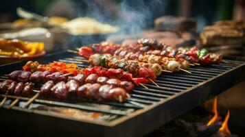 ai gerado cachorros quentes ao ar livre churrasco Comida foto