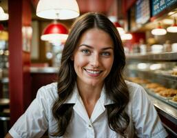 ai gerado foto do lindo mulher Como uma garçonete dentro retro jantar restaurante, generativo ai