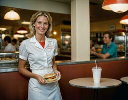 ai gerado foto do lindo mulher Como uma garçonete servindo Comida dentro retro jantar restaurante, generativo ai