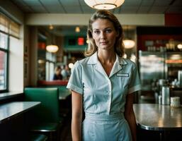 ai gerado foto do lindo mulher Como uma garçonete em pé dentro retro jantar restaurante, generativo ai