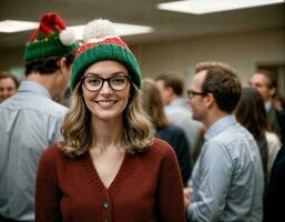 ai gerado foto do lindo mulher com Loiras cabelo e óculos e gorro chapéu escritório sala, generativo ai