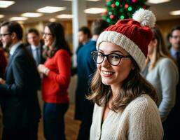 ai gerado foto do lindo mulher com Loiras cabelo e óculos e gorro chapéu escritório sala, generativo ai