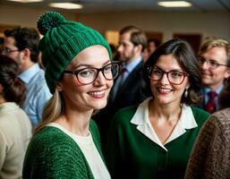 ai gerado foto do lindo mulher com Loiras cabelo e óculos e gorro chapéu escritório sala, generativo ai