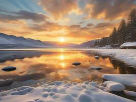 ai gerado cênico Visão do congeladas lago contra céu durante inverno foto