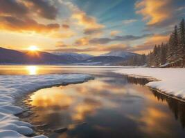 ai gerado cênico Visão do congeladas lago contra céu durante inverno foto