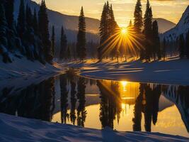 ai gerado a imagem do uma vibrante pôr do sol sobre uma sereno lago, com colorida reflexões cintilante em a água com neve foto