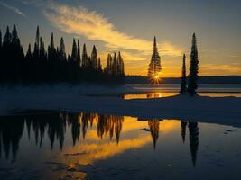 ai gerado a imagem do uma vibrante pôr do sol sobre uma sereno lago, com colorida reflexões cintilante em a água com neve foto