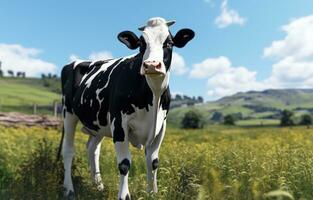 ai gerado uma Preto e branco vaca em pé dentro a grama, foto