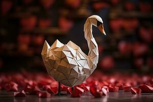 ai gerado uma solteiro origami cisne apresentando uma vermelho coração Projeto contra uma minimalista de madeira fundo foto