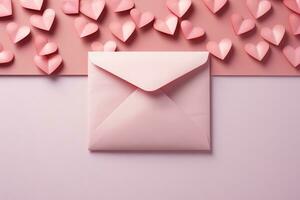 ai gerado uma minimalista Rosa envelope e em branco amor carta em texturizado branco superfície foto