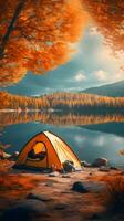 ai gerado acampamento barraca em uma lago dentro a outono floresta foto