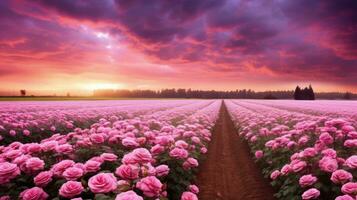 ai gerado rosa campo dentro a nascer do sol manhã com lindo céu foto