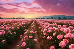 ai gerado rosa campo dentro a nascer do sol manhã com lindo céu foto