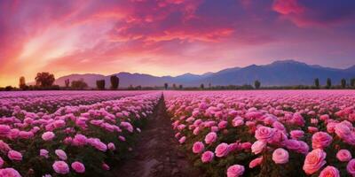 ai gerado rosa campo dentro a nascer do sol manhã com lindo céu foto