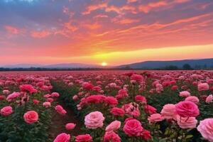 ai gerado rosa campo dentro a nascer do sol manhã com lindo céu foto