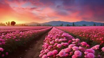 ai gerado rosa campo dentro a nascer do sol manhã com lindo céu foto