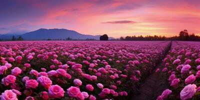 ai gerado rosa campo dentro a nascer do sol manhã com lindo céu foto