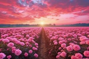 ai gerado rosa campo dentro a nascer do sol manhã com lindo céu foto