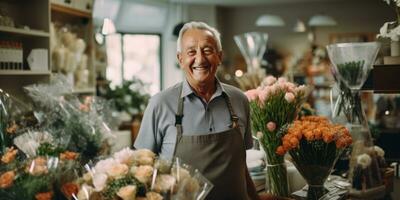 ai gerado florista Senior homem dentro loja foto