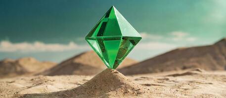 ai gerado uma verde cristal tetraedro em arenoso terreno debaixo uma Claro céu. gerado imagem foto