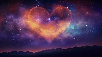 ai gerado coração em forma nebulosa com starburst do tiroteio estrelas dentro estrelado céu foto