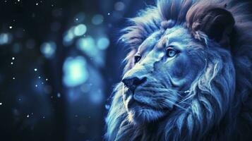 ai gerado fechar acima capturar do uma leão rei dentro Sombrio romântico estilo, apresentando azul iridescente tons, brilho, e bokeh efeitos. foto