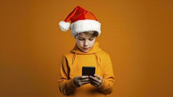 ai gerado santa claus Garoto olhando às Móvel telefone foto