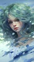 ai gerado sonhadores aguarela menina com azul cabelo em pé dentro uma cena inspirado de fluindo formulários, suave branco e verde matizes, abraçando a arte do anime. foto
