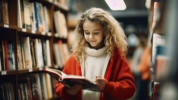 ai gerado 10 ano velho menina aluna dentro uma luz suéter carrinhos dentro uma livraria entre a prateleiras com livros foto