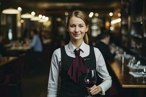 ai gerado sorridente mulher é servindo vinho dentro uma restaurante foto