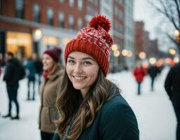 ai gerado foto do lindo mulher com Loiras cabelo e gorro chapéu com feliz sentindo-me durante inverno temporada, generativo ai