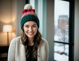 ai gerado foto do lindo mulher com Loiras cabelo e gorro chapéu com feliz sentindo-me durante inverno temporada, generativo ai