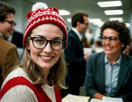 ai gerado foto do lindo mulher com Loiras cabelo e óculos e gorro chapéu escritório sala, generativo ai