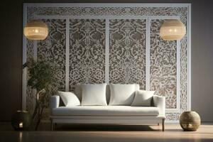 ai gerado acolhedor sofá interior Projeto infundido com a rico estética do árabe estilo foto